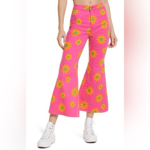 Free People Youthquake super flare groovy retro floral hot pink cropped jeans - Picture 4 of 5